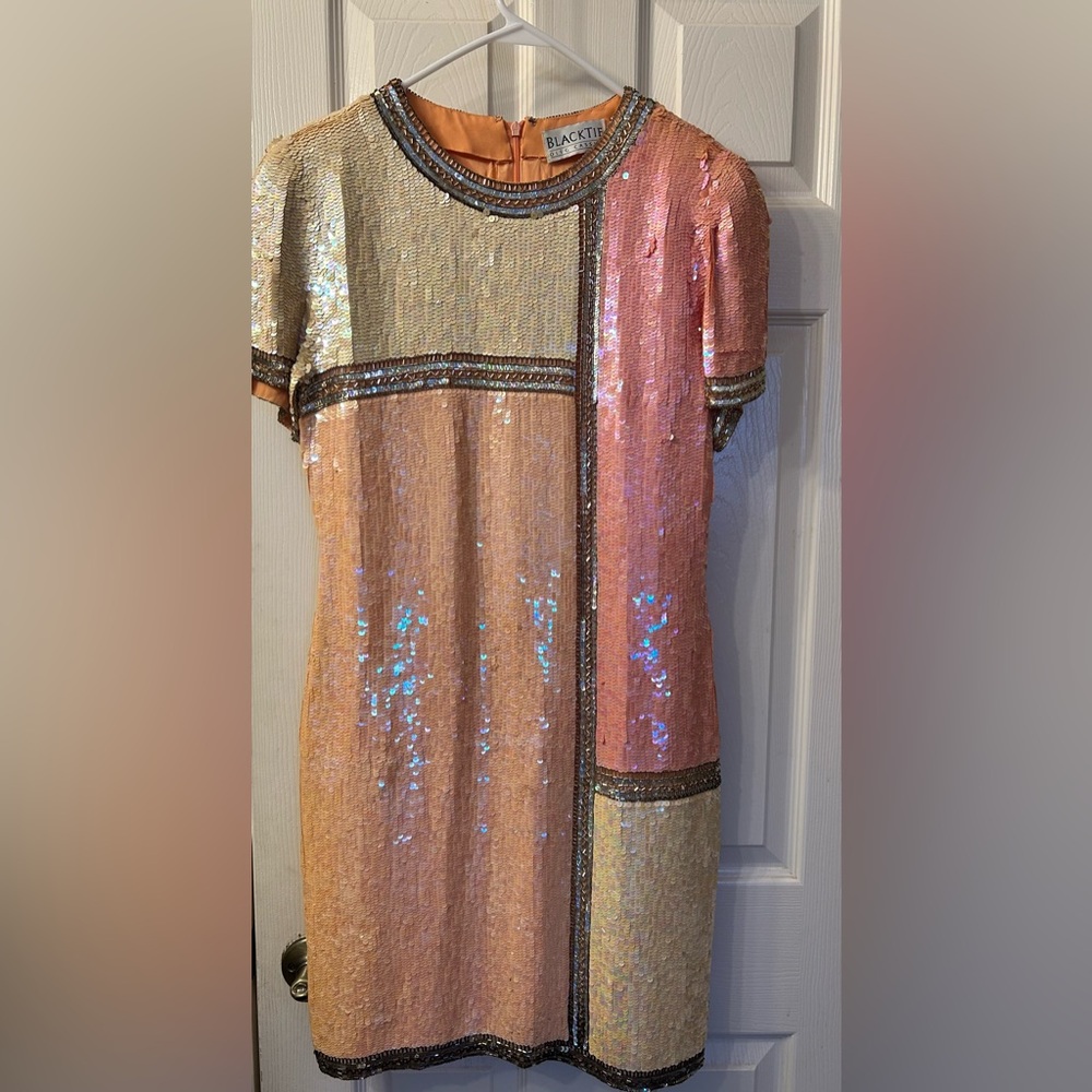 Vintage Black tie by Oleg cassini sequined dress 10